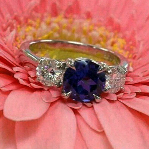 3.60Ct Round Sapphire Diamond Trilogy Wedding Ring 14k White Gold Finish Size N - Picture 4 of 5
