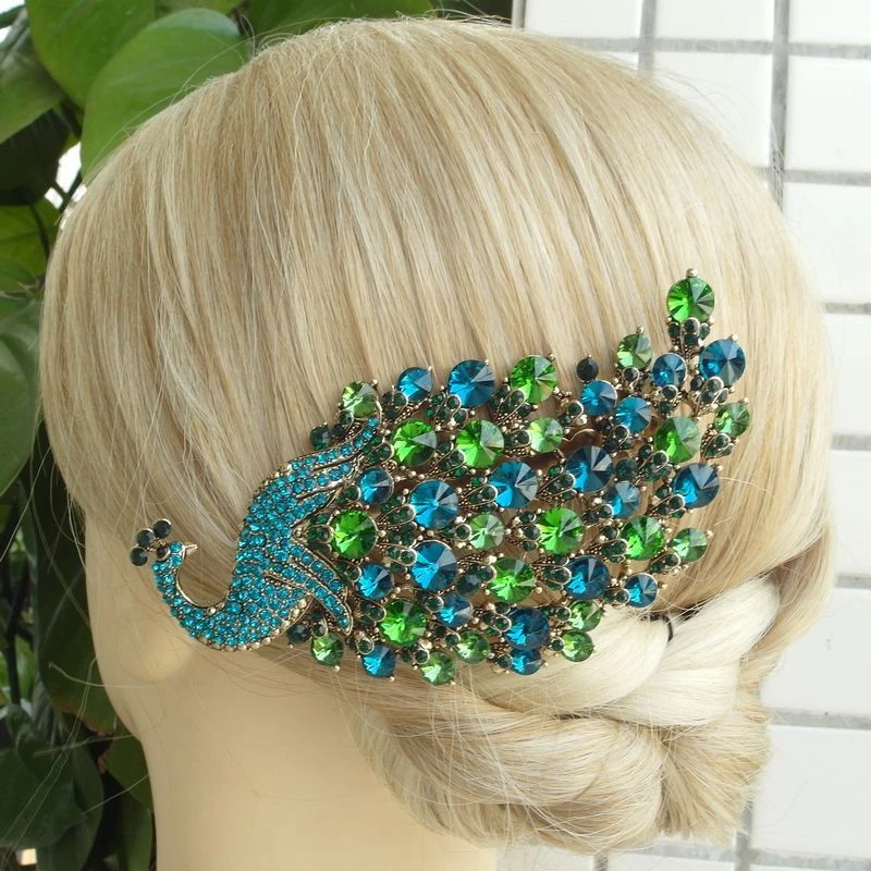 Peine de pelo de pavo real cristal estrás turquesa vintage tocado FSE05651C2 Foto 4 de 4