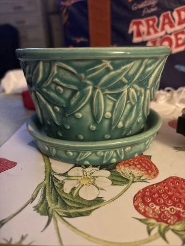 Vintage McCoy Pottery Green Hobnail & Leaves Planter Saucer 6x4 1940's 4"T