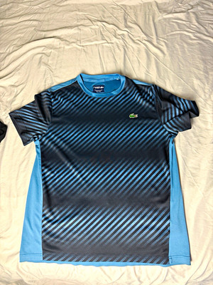 Lacoste Sport Men's Quick Dry Striped Crew Neck Tee Shirt Blue/Black M Poly