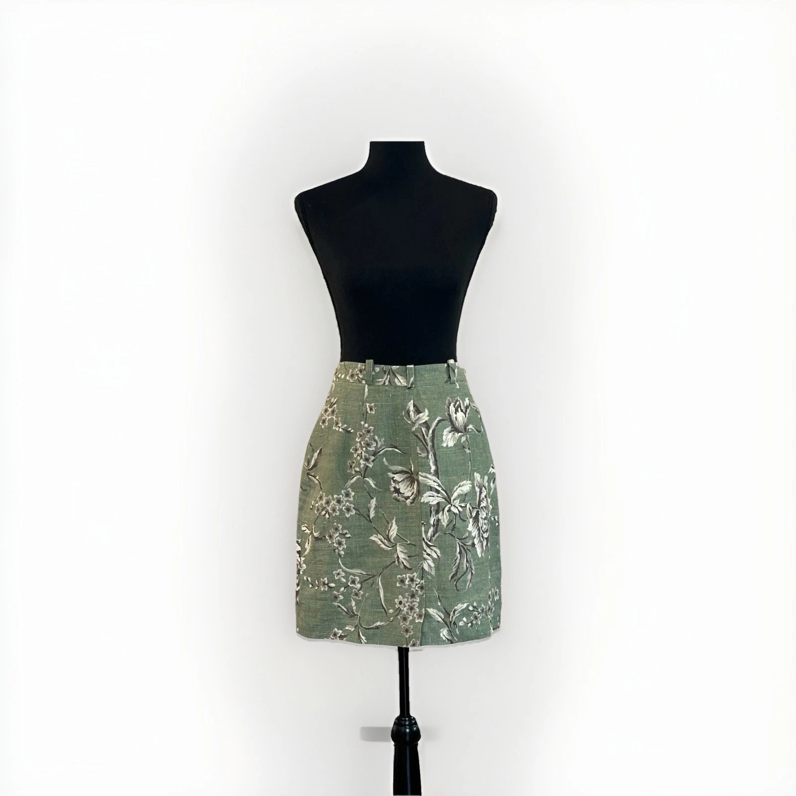 VTG Harolds 100% Linen Skirt Sz 4 Green Floral Garden Party Cottagecore Preppy