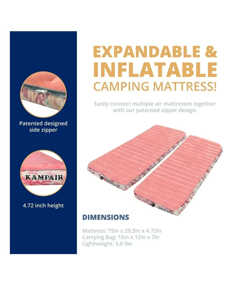 Портативный надувной матрас для кемпинга Kampair, толщина 4,75 и длина 30 дюймов, камуфляжный розовый - Изображение 2 из 4
