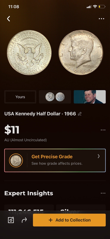 1966 Kennedy Half Dollar 50C Coin, Uncertified