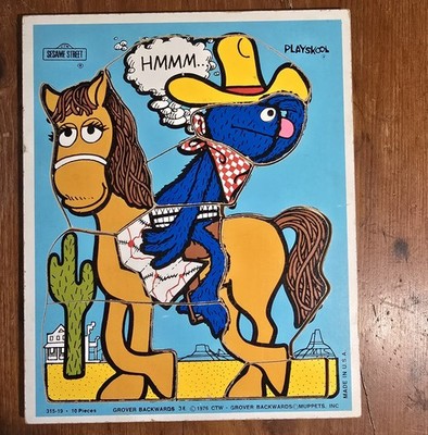 Playskool #315-19 Grover Backwards ON HORSE Sesame Street 10PC WOODEN PUZZLE-USA