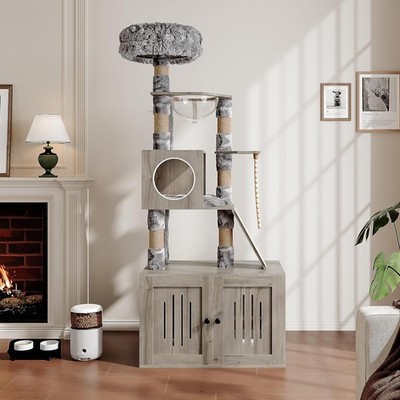 Cat Tree with Litter Box Enclosure, Large Platform & Hammocks for Living Room