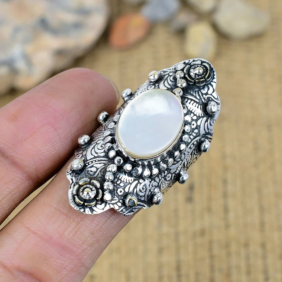 Mother Of Pearl Gemstone Ring 925 Sterling Silver Handmade Jewelry Wadding Gift - Image 3 of 4