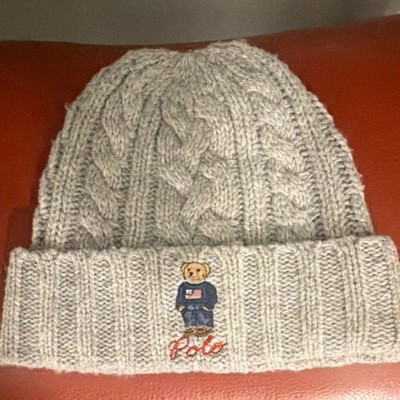 Polo Ralph Lauren Polo Bear Gray Cable-Knit Beanie Hat Stretch One Size