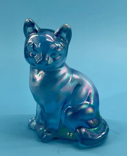 Vintage Fenton Misty Blue Opalescent Glass Cat Figurine