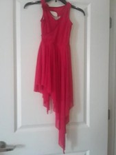 GIRLS RED BALERA DANCE COSTUME SZ 1C SURPLICE TOP HIGH-LOW BOTTOM W/ HAIR FLOWER