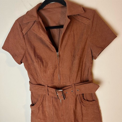 Women's Brown Corduroy Mini Dress Western Style Short Sleeve Belted Pockets S - Picture 2 of 10