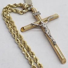 14k yellow white gold jesus crucifix cross pendant charm 20" rope chain set 3.5