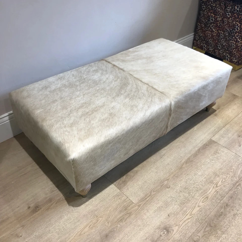 Cream Champagne Beige Charolais Cowhide Luxury Ottoman / Footstool - Image 3 of 4