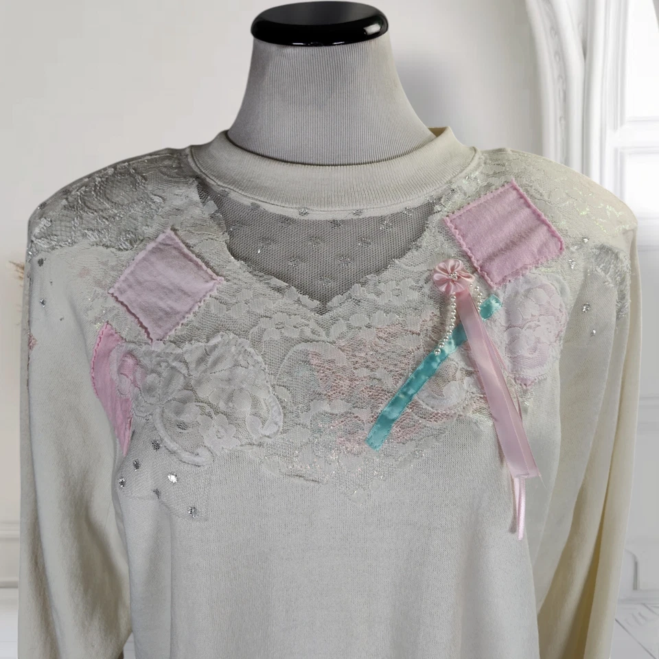 Vintage Oversized Embellished Sweatshirt Size L Lace Faux Pearls Glitter Bows - Image 3 of 4