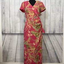 VTG David Warren Women's Size 8 Pink Floral Faux Wrap Short Sleeve Maxi Dress