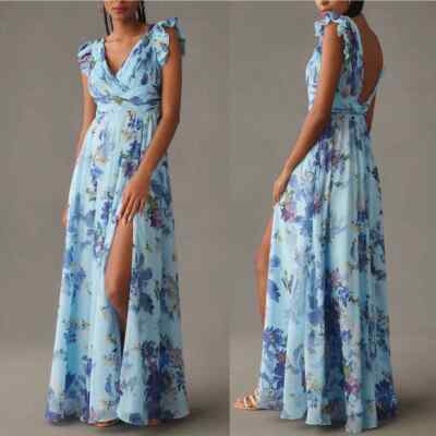 Mac Duggal ★【パーティー ドレス】Floral Flutter Sleeve Gown Mac Duggal Floral Print Flutter Sleeve Chiffon Gown Blue
