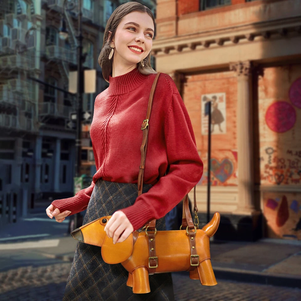 Cartera y bolso de mano de cuero genuino para mujer lindo bolso bandolera con forma de perro Foto 3 de 4