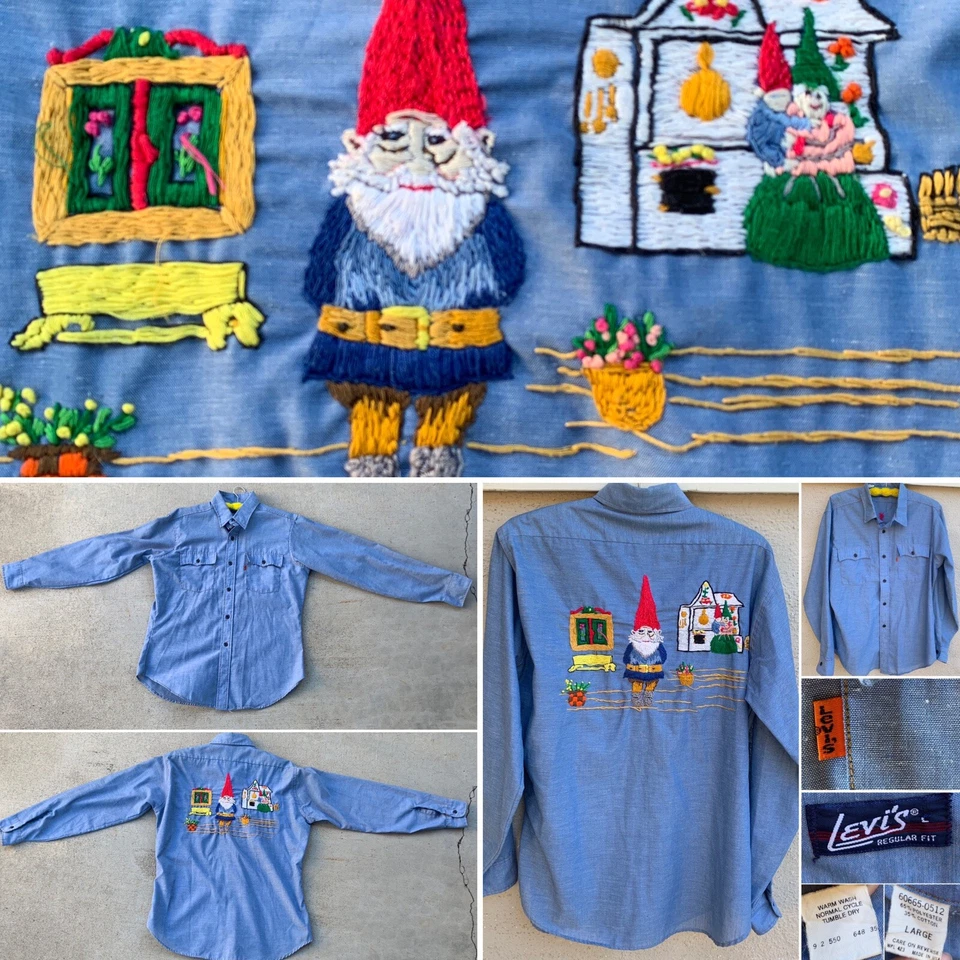 Camisa De Colección Levi’s Cambray Bordada Gnomo Gnomos Trabajo Occidental Naranja Pestaña L Foto 2 de 4