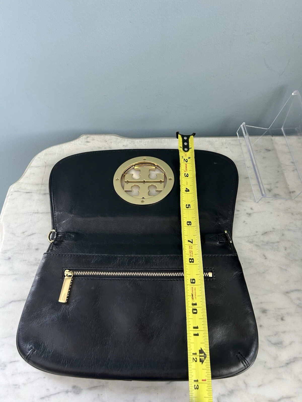 Borsa Tory Burch Reva in pelle nera staccabile catena oro tracolla pochette