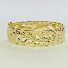 14K Yellow Gold Hawaiian Floral Scroll 17mm 7" Hinged Bracelet Bangle 28.6g