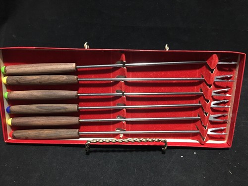 Vintage 6 Piece Fondue Fork Sets Stainless Steel Teak With Color Tips  - Picture 1 of 3