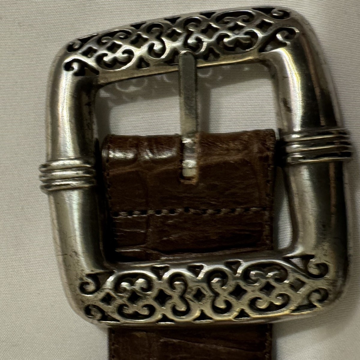 Vintage Brighton Brown Moc Croc Leather Belt Ornate Silver Buckle Large 34 Vintage Brighton Silver Buckle Brown Leather Moc Croc  main image 2
