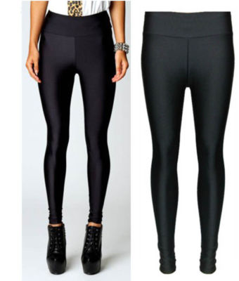 LADIES GIRLS SHINY DISCO LEGGINGS HIGH WAIST BLACK