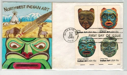 RALPH DYER HANDPAINTED FDC 1834 1837 NORTWEST INDIAN ART MASKS SPOKANE WASHINGTO