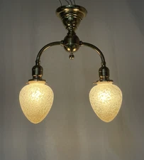 RESTORED Antique Vtg Brass Pendant Light Victorian Art Deco 2 Arm French Glass