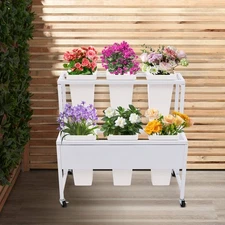 2-Tier Plant Stand Flower Display Stand Plant Cart Rack Decor with 6 Buckets