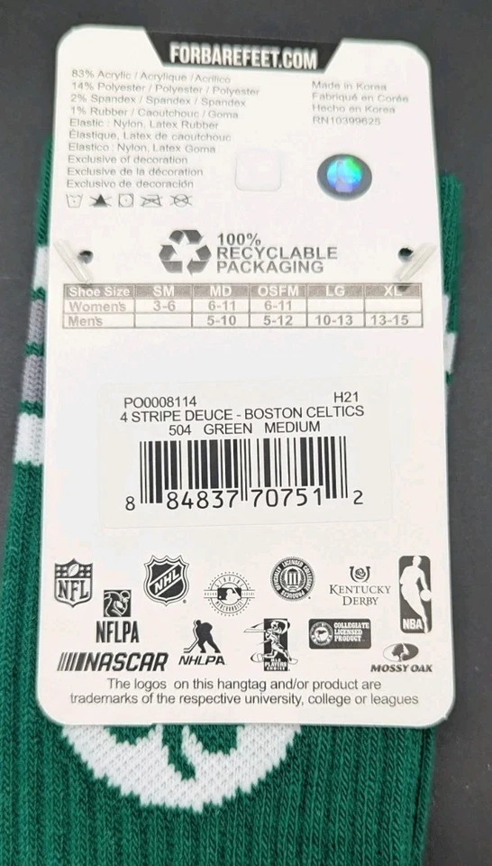 FBF Boston Celtics 6 Pares Calcetines Gráficos Crew NBA Hombres Talla Mediana Nuevos con Etiquetas  Foto 3 de 4