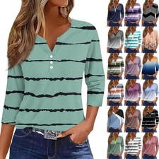 CASUAL LADY PULLOVER TOPS BUTTON TEE SHIRTS V NECK LOOSE STRIPE BLOUSE PLUS SIZE