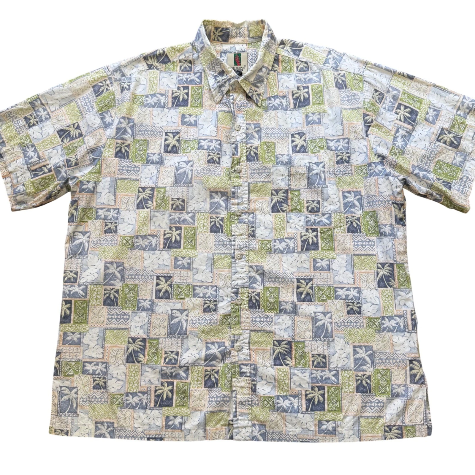 Tori Richard Hawaiian Button Shirt Mens XL Blue Green Palm Patchwork Cotton USA