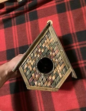 Vintage 8” copper and wood woven bird house triangle shaped brass roof!