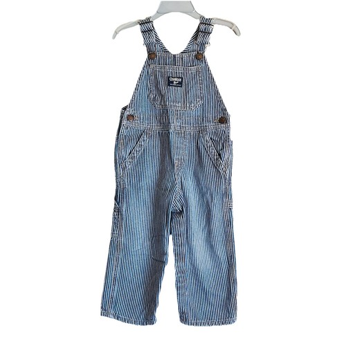 VTG Oshkosh B’gosh Toddler Railroad Stripe Overalls 24 Months Blue White Denim