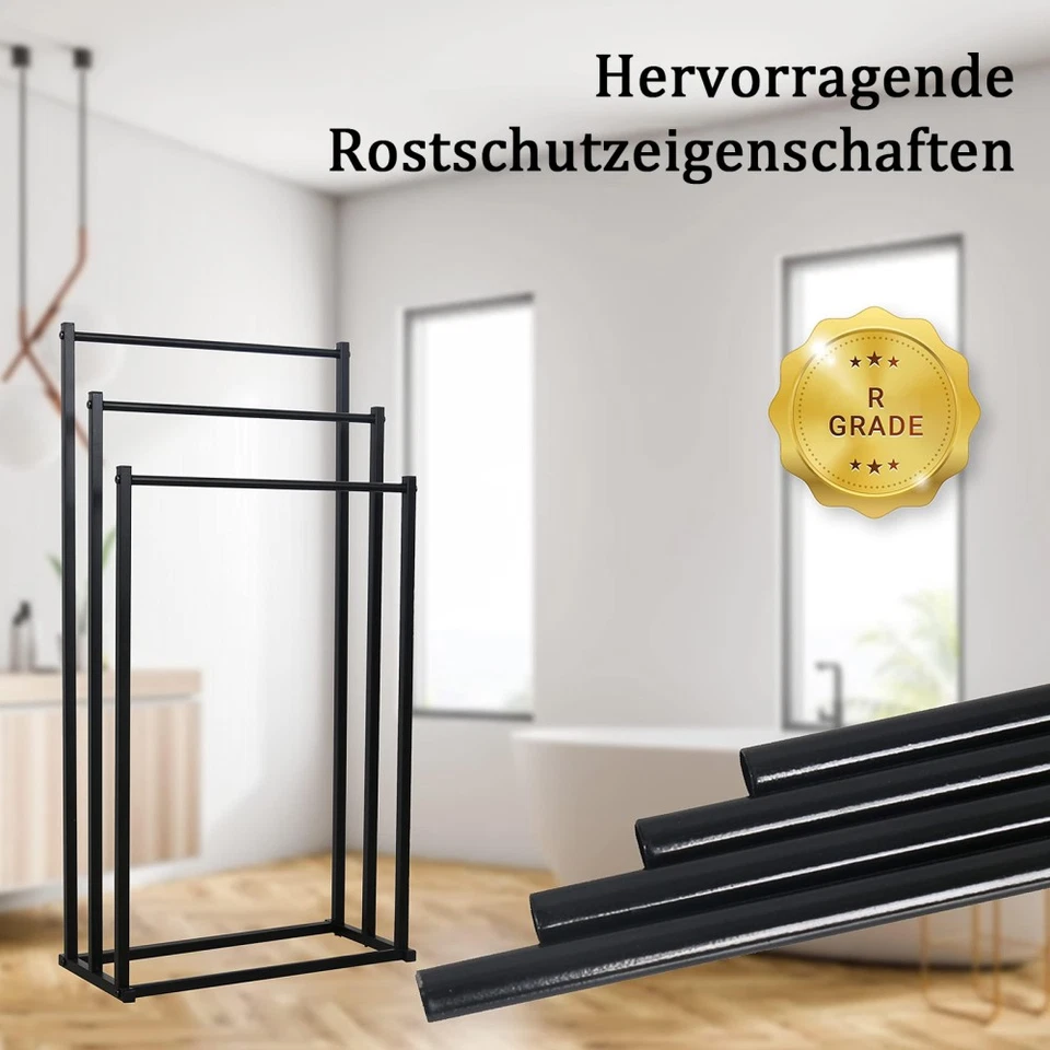 Handtuchhalter Schwarz Freistehend mit 3 Stangen aus Stahl 15 kg belastbar - Bild 4 von 4