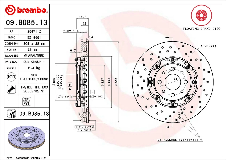 Rotor de freno de disco delantero Brembo 09.B085.13 305 mm para Fiat 500 2012-2019 Foto 2 de 3
