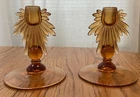 New Martinsville Amber Teardrop Elegant Depression Era Glass Candlesticks
