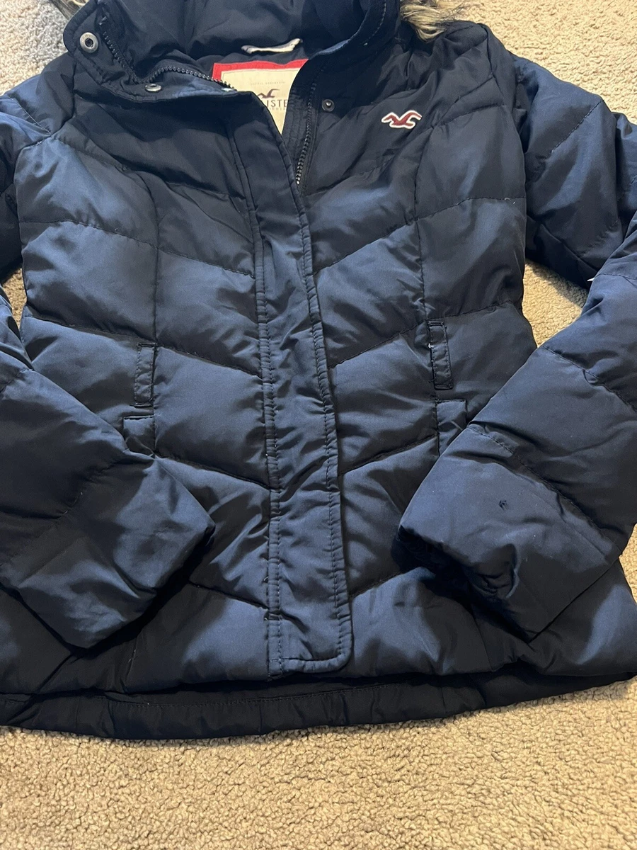 Veste manteau gonfl hiver femme taille XS Hollister marque bleu marine avec cap