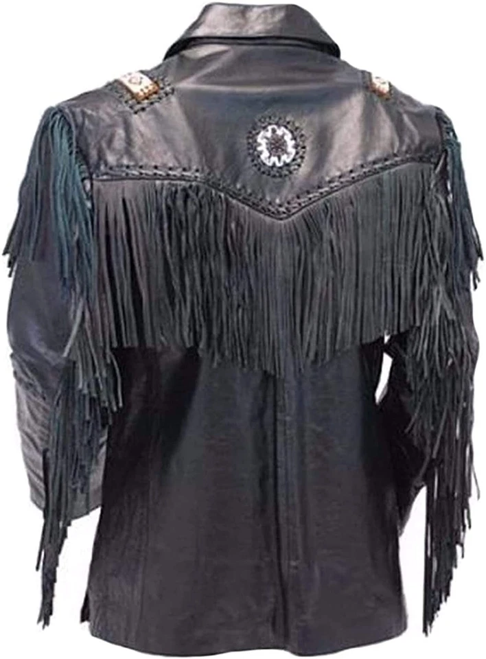 Men Western Cowboy Fringe Jacket Beaded Native American Real Leather Jacket - Image 2 of 4