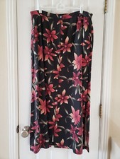 Valerie By Valerie Stevens 100 Silk Women's Black Floral Skirt Size XL Button