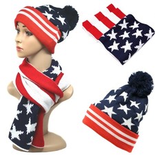 American Flag USA Winter Scarf Beanie Hat Set patriotic Stars Strip Unisex Warm