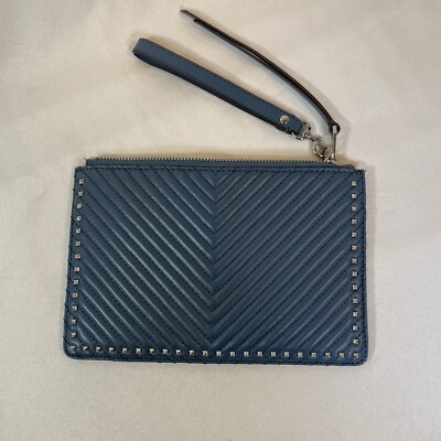 Rebecca Minkoff Wristlet Blue Leather Silver Studded Chevron Clutch Zip Designer