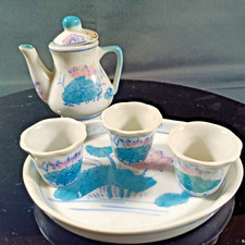 Unique 1960s Miniature Tea Set, Cups, Teapot, Tray, Handpainted Porcelain, VTG