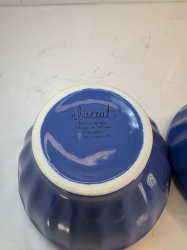 Pair Anthropologie BISCUIT 5 1/2" Latte Bowls Dark Blue Portugal Soup Cereal - Picture 5 of 6