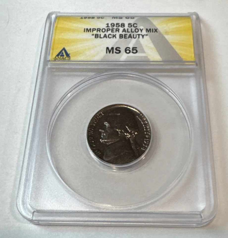Error 1958 Jefferson Nickel ANACS MS65 "Black Beauty" Improper Alloy Mix 5c  - Image 2 of 4