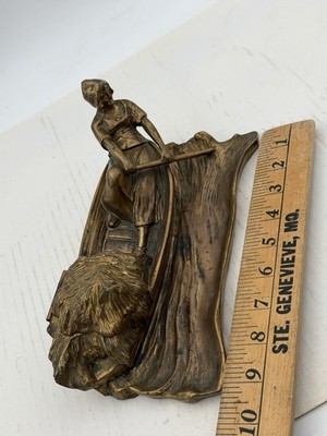 Antique Bronze inkwell Dutch girl on a boat With Damage Desk Decor