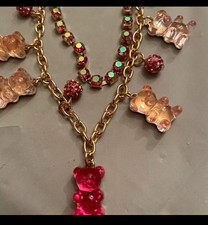 Betsey Johnson pink sparkly gummy bear necklace gold tone