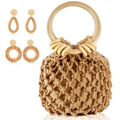 Mini Clutch Tote Handbag 2 Pairs Rattan Earrings for Crossbody Bag Bohemian W...