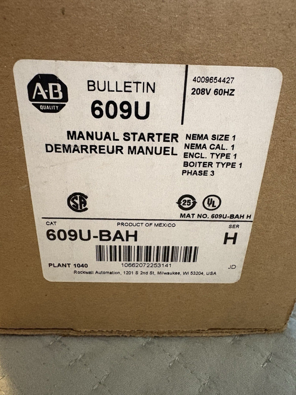 ROCKWELL AUTOMATION 609U-BAH Manual Starting Switch