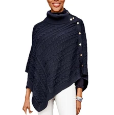 Talbots Cable Knit Asymmetrical Poncho Sweater Navy Blue Size L NWT $149